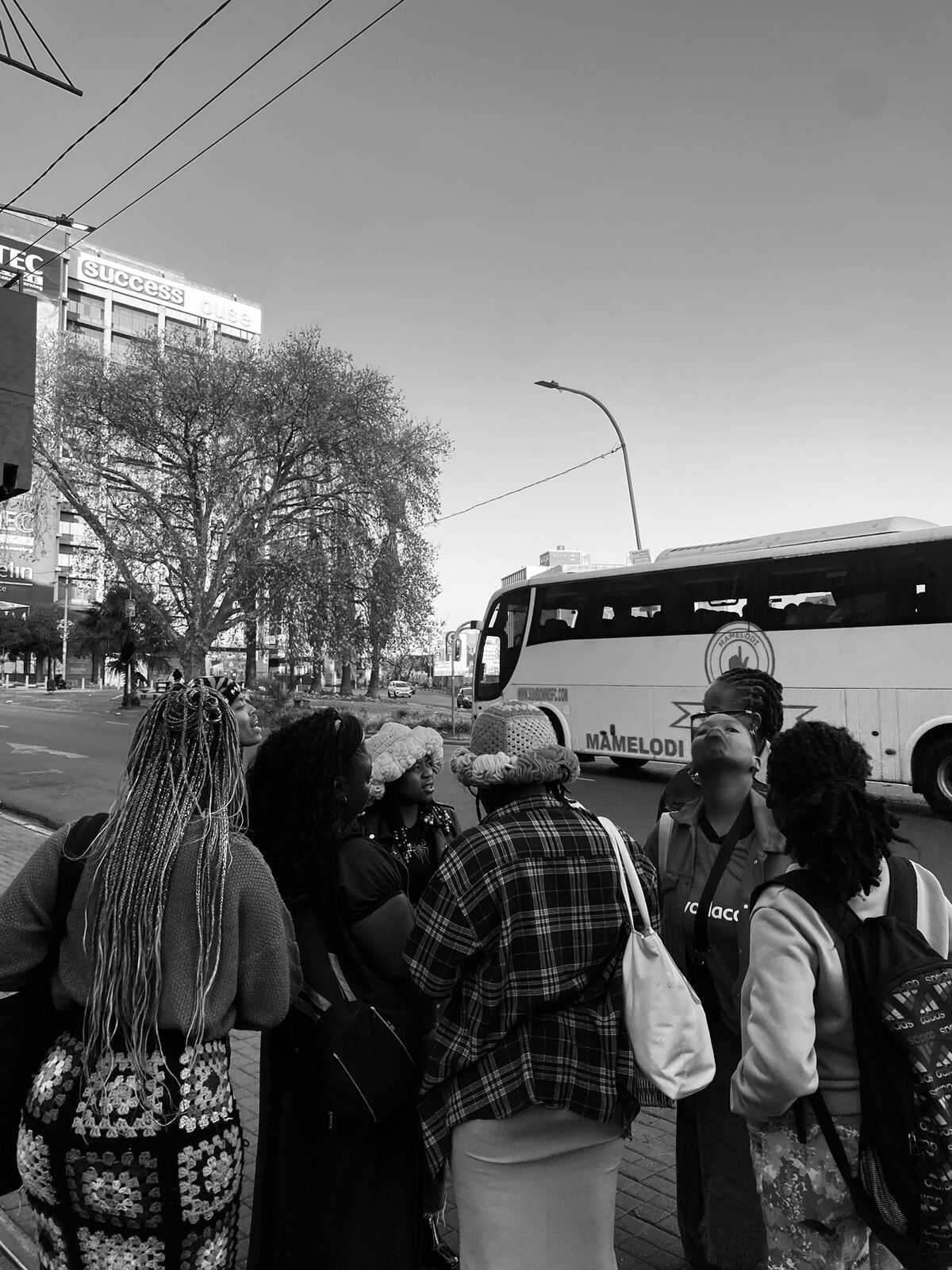 Group from Earth, Hand and Fibre's first-ever crochet meetup, waiting at a Johannesburg street corner